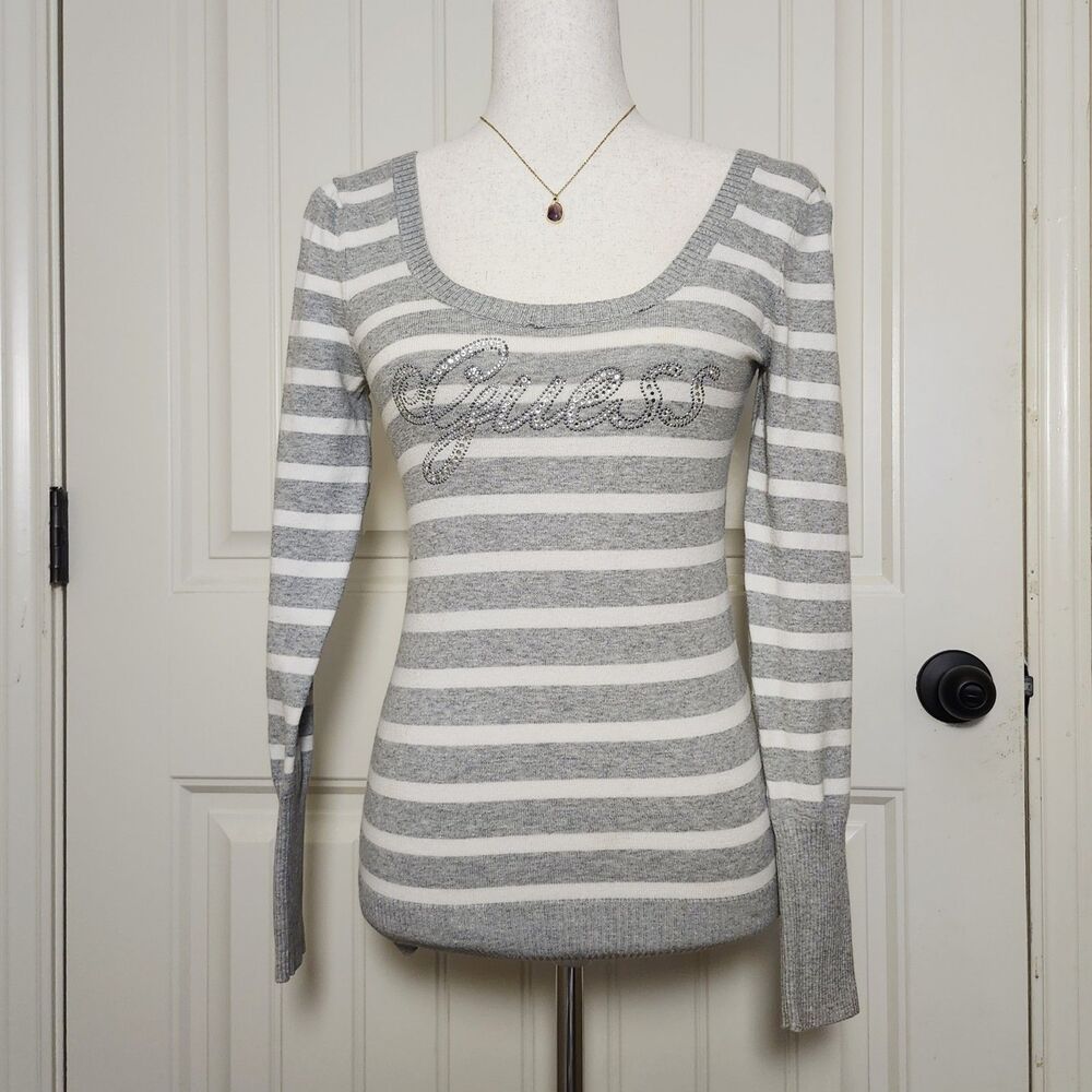 GUESS Gray/White Striped Rhinestone Sweater Size XS